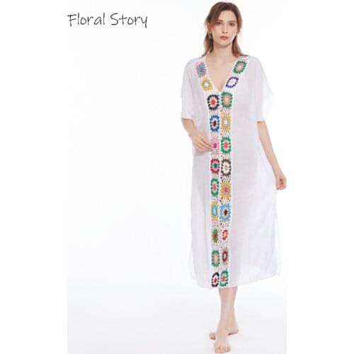 Women Swimsuit Cover Up FLORAL STORY Crochet Bikini Cover 2021 Summer Beach Dress Woman Boho Cover Ups White Crochet Cover Up
