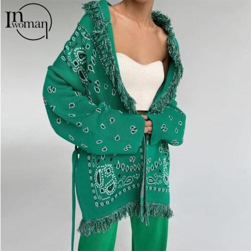 INWOMAN Autumn Winter Sexy Pink Cardigan Women Sweater 2021 Long Sleeve Top Female Tassel Knit Green Oversized Sweater Cardigan