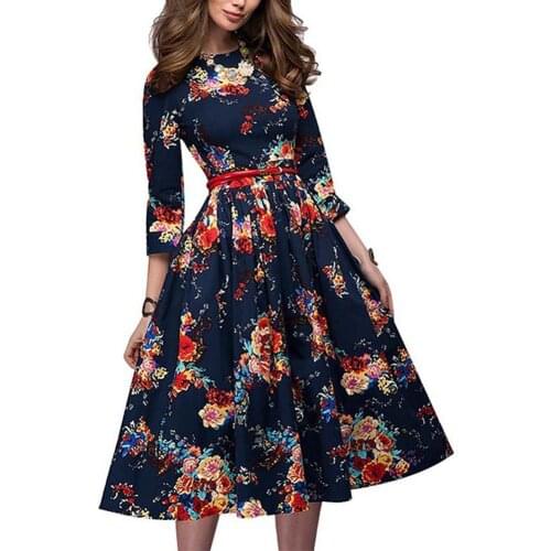 Women Elegant Vintage Floral Print O Neck Long Sleeve Flared Midi Party Dress