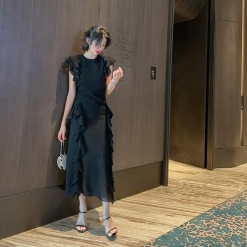 Summer Women Office Bodycon Ladies Dress Pink Ruffles Elegant Sexy Party Dresses O Neck Sleeveless Maxi Chiffon Dress Vestidos