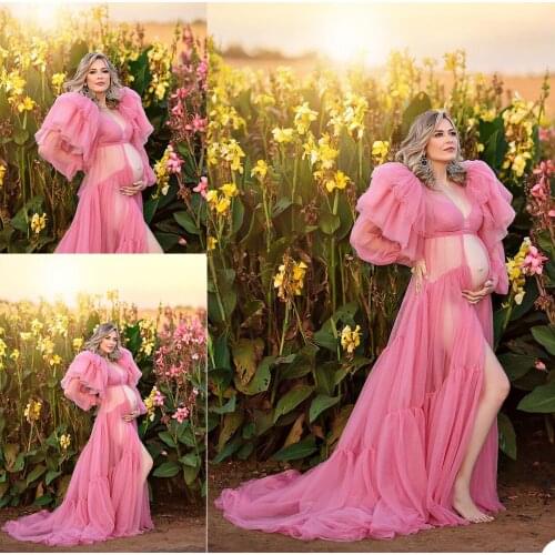 Maternity Women Sexy Shawls Dress Pink Robes for Photo Shoot or Baby Shower Ruffle Tulle High Split Women Dress Photography