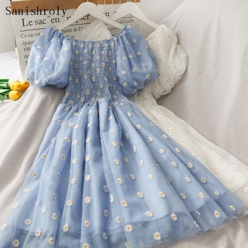 Sanishroly Womens Slash Neck Embroidery Daisy Print Dress Female Puff Sleeve Lace Mesh Dress Ladies Sweet Summer Vestidos CD120