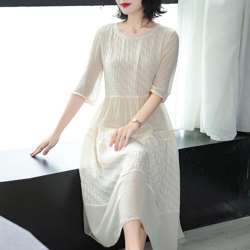 100% Real Silk Summer Dress Women Clothes Vintage Elegant Maxi Dress 2020 Ladies Dresses White Office Women Dress Vestidos B0623