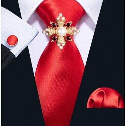 Barry.Wang Red Wedding Tie Set 100% Silk Fahsion Designer Necktie Brooch Set For Men Gift Wedding Groom Business Tie