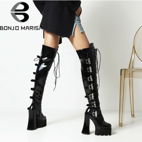 BONJOMARISA Patent Brand Fashion Gothic Platfrom Block High Heels Zipper Thigh High Boots Women Bat Lace Up Punk Boots For Women