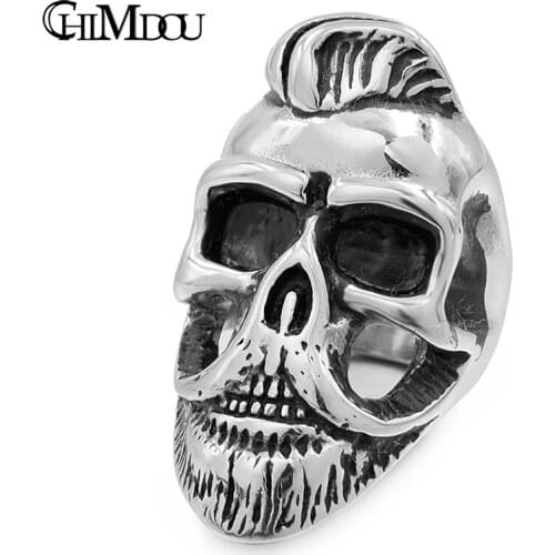 CHIMDOU Cool Hair Moustache Skull Men Ring Stainless Steel Biker Rock Punk Jewelry Party Gift, Drop Shipping,AR408