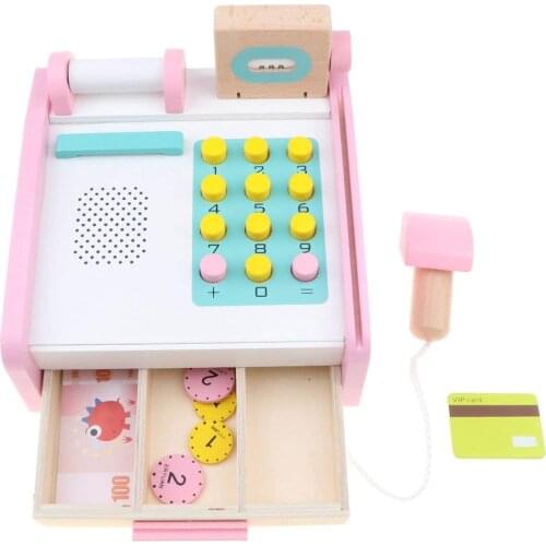 Wooden Simulation Cash Register Model Pretend Play Role Playing Game Educational Toys Birthday Gift for Children Kids Toddler