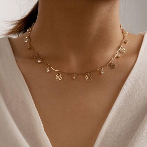 HuangTang Fashion Rose Flowers Tassel Choker Necklace for Women Shiny Crystal Stone Clavicle Chain Wedding Jewelry Gift 15635