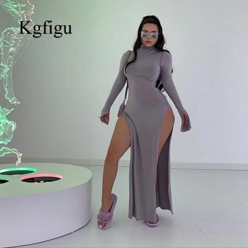 KGFIGU 2021 Autumn New Evening Party Dresses For Women Sexy Side Split Bodycon Wedding Clothing Lady Soft Gray Birthday Vestidos