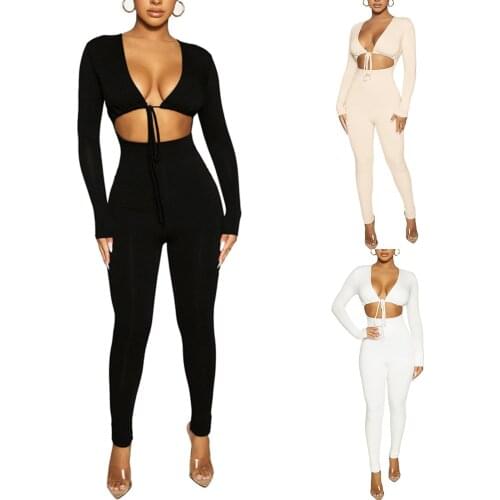Sexy lace up hollowed out jumpsuit, fashionable womens tight solid color long sleeve deep V-neck hollowed out overalls