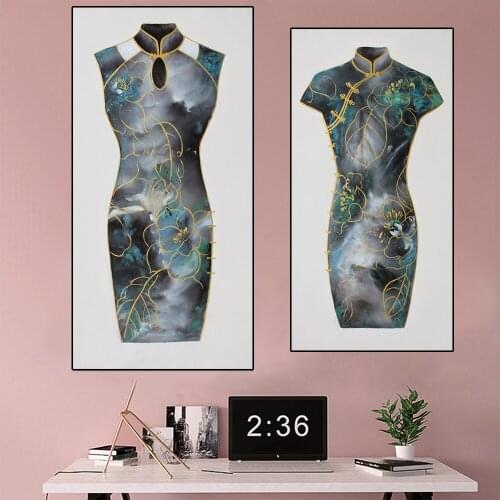 Beautiful Cheongsam Modern Canvas Painting Blue and White Porcelain Style Poster HD Art for Living Room Home Decoration Unframed