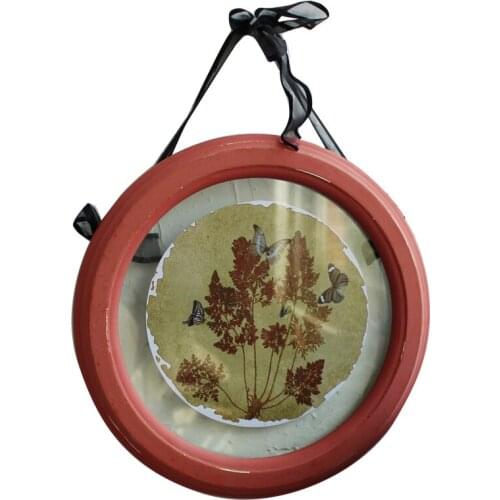 Distressed Wood Glass Round Chic Hanging Picture Frame