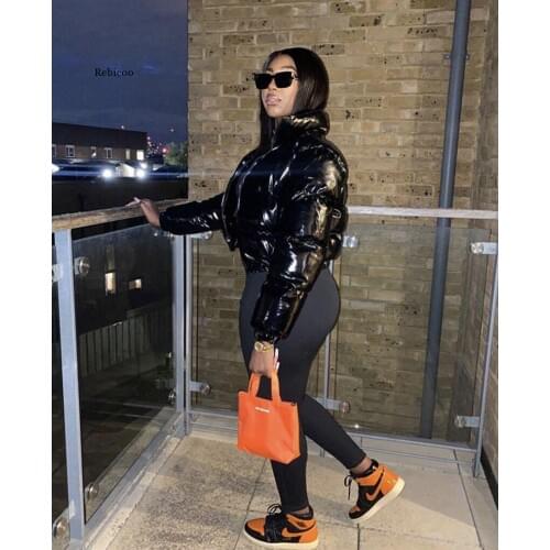 Women Leather Puffer Jacket Warm Winter Smooth Fashion Bubble Coat Waterproof Zipper Casual Overcoat Streetwear