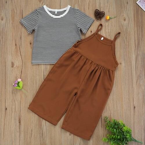 2 Pcs Toddler Summer Outfits Girls Striped Round Neck Short Sleeve T-shirt + Sleeveless Solid Color Jumpsuit
