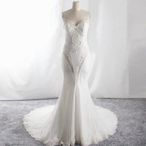 LZ411 Elegant Sweetheart Neck Sleeveless Illusion Back Wedding Dress Diamonds Delicate Appliques Lace Mermaid Dress