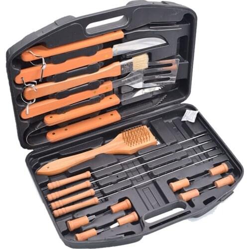 18 Pcs BBQ Tools Set Stainless Steel Wooden Handle Barbecue Tools Outdoor Camping Plastic Box Home BBQ Barbecue Grill Tool Set