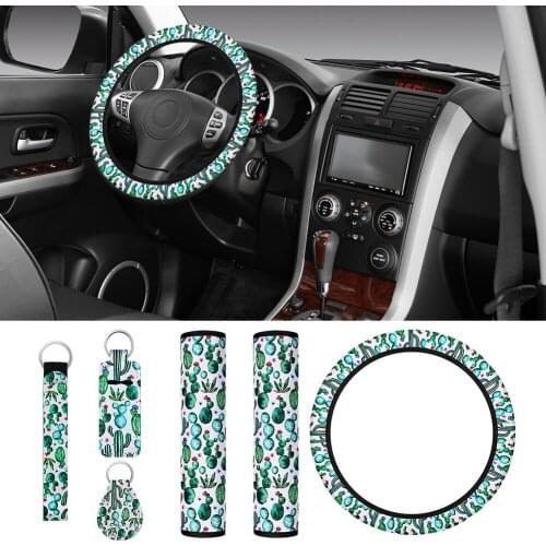 6PCS Car Interior Decoration Set Cactus Pattern Steering Wheel Cover Key Ring Seat Belt Shoulder Guard Car Interior Decoration S