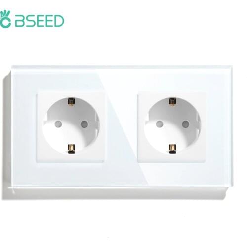 BSEED EU Standard Wall Double Socket EU Socket 16A 110V-240V 3 Colors White Black Gloden Crystal Glass Panel Free Shipping