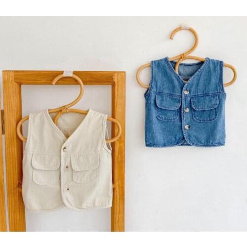 2021 Autumn New Baby Boy Denim Coat Sleeveless Vest Girls Denim Jacket With Double Pocket Boys Cardigan