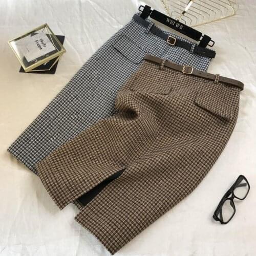 Autumn Winter Women Skirts High Waist Plaid Skirts Pocket