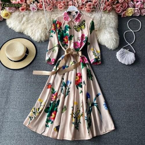 Guilantu Spring Summer Vintage Office Shirt Dresses Women Fashion Print Floral Long Vestidos Mujer Elegant Evening Party Dress