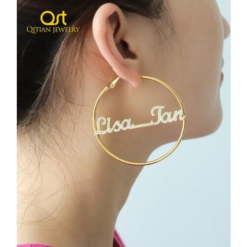 Custom Iced Out Bling Jewelry Personalized Name Large Earrings For Women Hiphop Brincos Stainless Steel Big Circle Round Bijoux