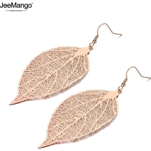 JeeMango Bohemia Titanium Stainless Steel Hollow Plant Leaves Earrings Jewelry Rose Gold Dangle Earrings For Women Girls JE19243
