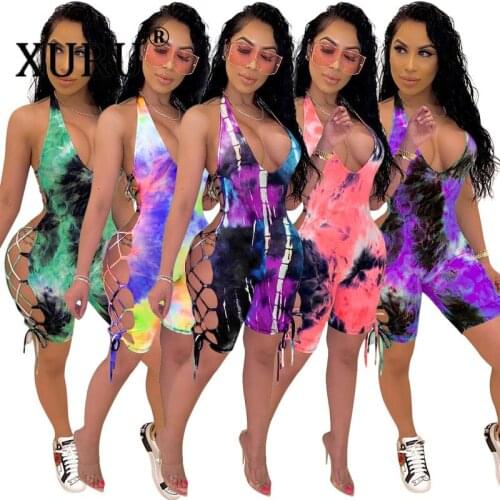 XURU Sexy Women Hollow Hanging Neck Printed Jumpsuit Off Shoulder Strap Sleeveless Jumpsuit