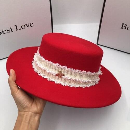 Fedora spring and autumn period new red wool hat for women ceiling large eaves temperament Hepburn