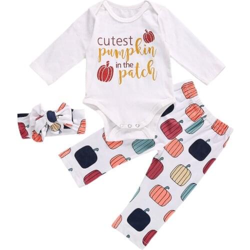2020 2 Pieces Baby Suit Set Halloween Pumpkin Print Round Neck Long Sleeve Baby Romper and Pants