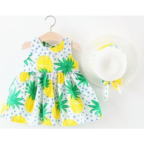 25# Dress For Girls 4 Years Green Baby Kids Vestidos Sleeveless Pineapple Print Princess Dress Hat Outfits Vestidos De Verano