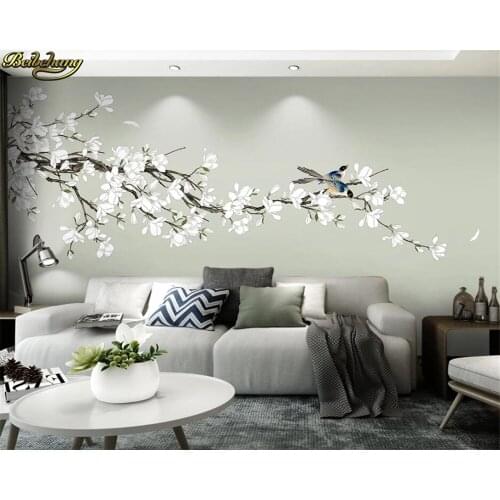 Beibehang Custom 3d wallpaper mural new chinese style hand painted flowers and birds filigree white magnolia background wall