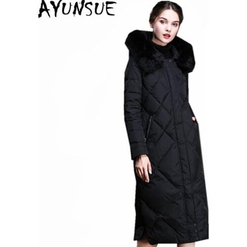 AYUNSUE Womens Fox Fur Collar White Duck Down Jacket Winter Coat Female Hooded Jackets Padded Women Long Parkas Casacos WXF322