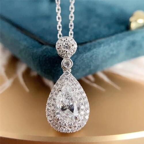 CxsJeremy Solid 14K 585 White Gold 0.8 carat 5x7mm Pear Cut Moissanite Necklace Classic Style Fine Pendant Neckllace for Lady
