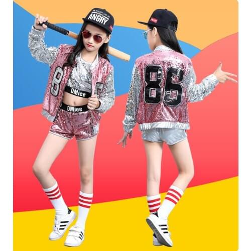 2019 Children Jazz Modern Dance Costume Kids Hip Hop Clothing Streetwear Sequin Hiphop Jacket T-shirt Jazz Dresses For Girls