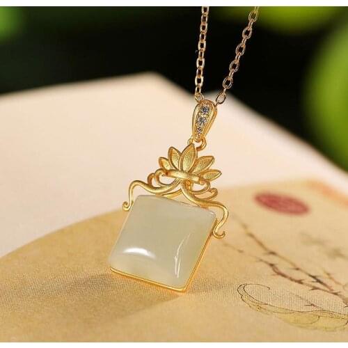 Fu Qi Lianlian Lotus Necklace Gemstone Hetian Jade Chain Set Temperament Female Pendant Silver Plated Female Sweater Chain Penda