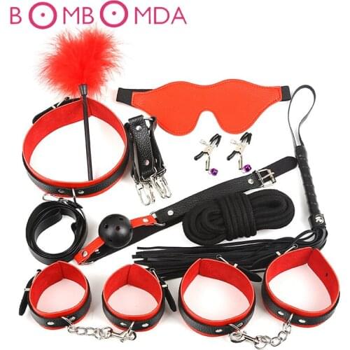 Adult Games Leather BDSM Bondage Handcuffs Set Erotic Sex Toys For Couples Slave Game SM Sexy Whips Rope Erotic Adult Toys 10PCS
