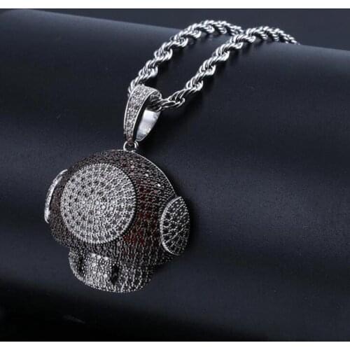 Creative Design Zircon Inlaid Cartoon Mushroom Pendant Necklace Hip-hop Style Mens Rock Party Jewelry