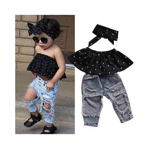 Summer Fashion Toddler Baby Girls Clothes Dot Sleeveless 3pcs Tops+Hole Jeans Outfits Casual Clothes 0-3Yrs