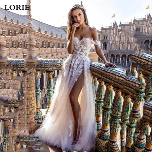 LORIE Beach Wedding Dresses 2020 Sexy Off The Shoulder 3D Lace Wedding Gowns High Side Slit Bride Dress Vestido de noiva