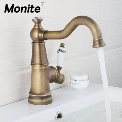Monite Short Antique Brass Swivel Spout Deck Mounted Diamond Head Ceramic Single Handle Sink Kitchen Faucet Mixer Tap