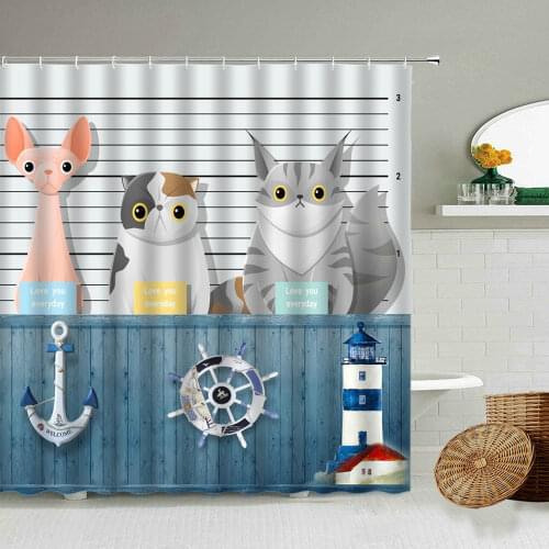 Cartoon Fun Animal Shower Curtain Nautical Anchor Lighthouse Blue Boy Child Bathroom Waterproof Curtains Home Wall Decoration