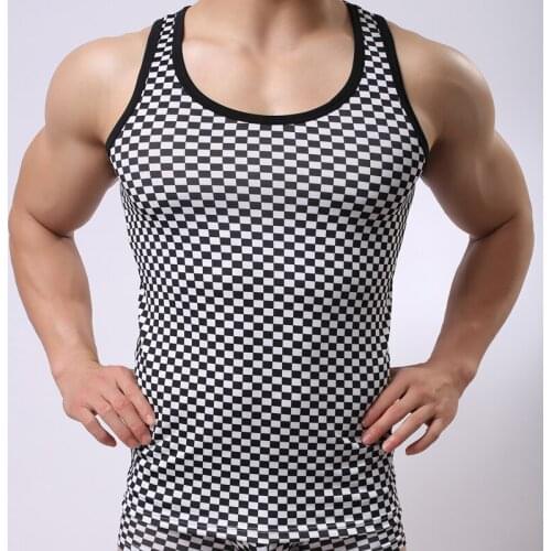 Mens Plaid Tank Tops Man Sexy Funny Fitness Tops Mesh O-neck Tanks for Men Slim Sleeveless Men Vests Performance Undershirts