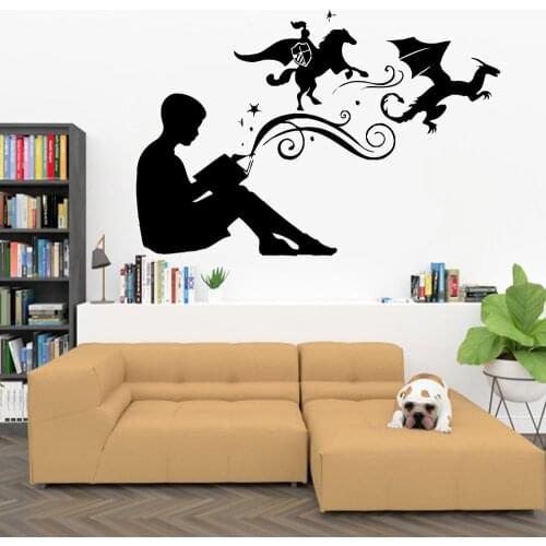 Read Book Wall Decal Fantasy Story Knight Dragon Art Vinyl Window Stickers Reading Room Bookstore Interior Decor Boys Mural E005
