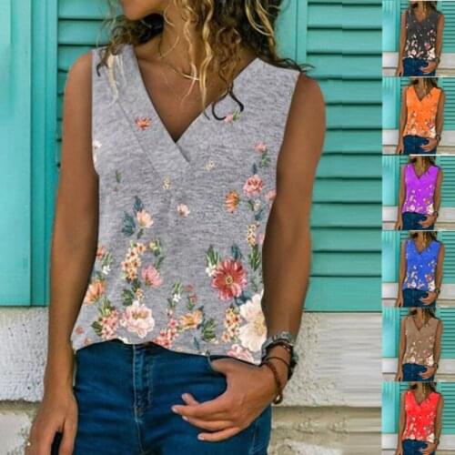 Summer New V-neck Blouse Flower Printed Sleeveless Vest Fashion Female Tops Casual Tank Tops Women Clothing Plus Size 5XL