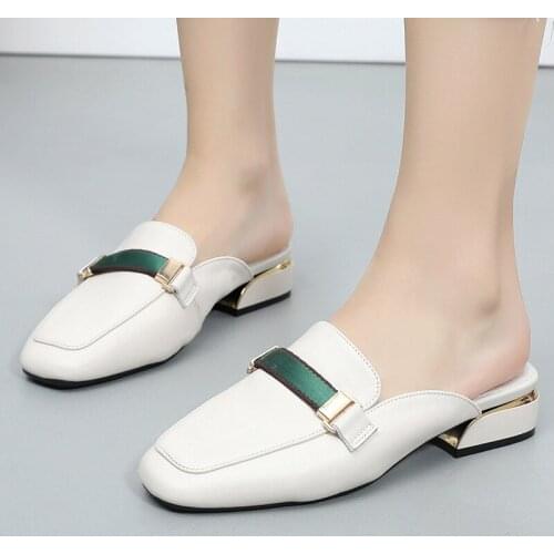 2021 New Net Celebrity England All-Match Baotou Half-Tow Mid-Heel Thick With Square Toe Wear Large Size WomenS Shoes