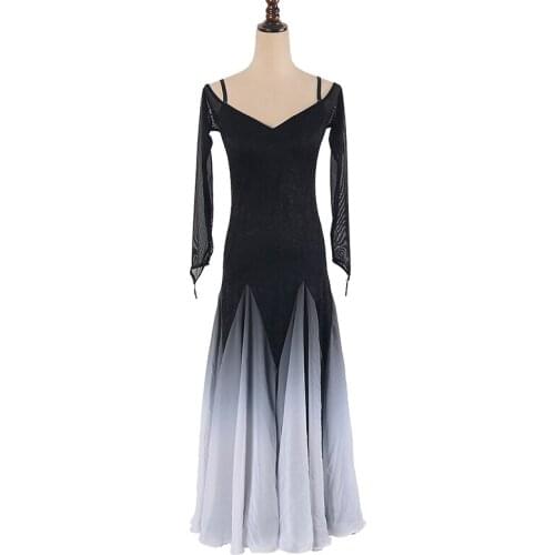 New Women Gradient Black And White Strapless Long Ballroom Dance Dress For Dancing Waltz Dance Costumes Rumba Dress Foxtort