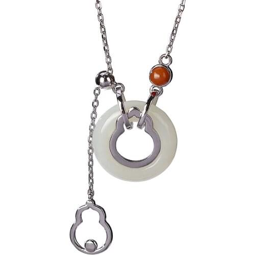 925 sterling silver natural Hetian jade peace buckle personality gourd retro womens elegant pendant silver chain