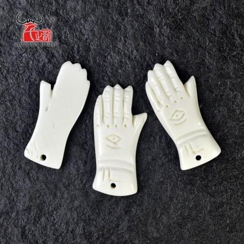 Gods hand 3PCS Handmade Carved Yak Bone Beads for Jewelry Making Fatimas hand DIY Jewelry Accessory 36mmX16mm Hole:1.5mm