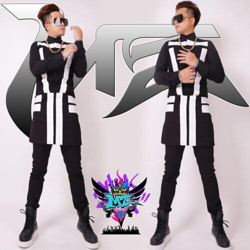 S-4xl 2020 Men Fashion New Singer Dj Club Exobiology Spell Slim Shirt Black And White Apron Mens Trousers Costumes Formal Dress